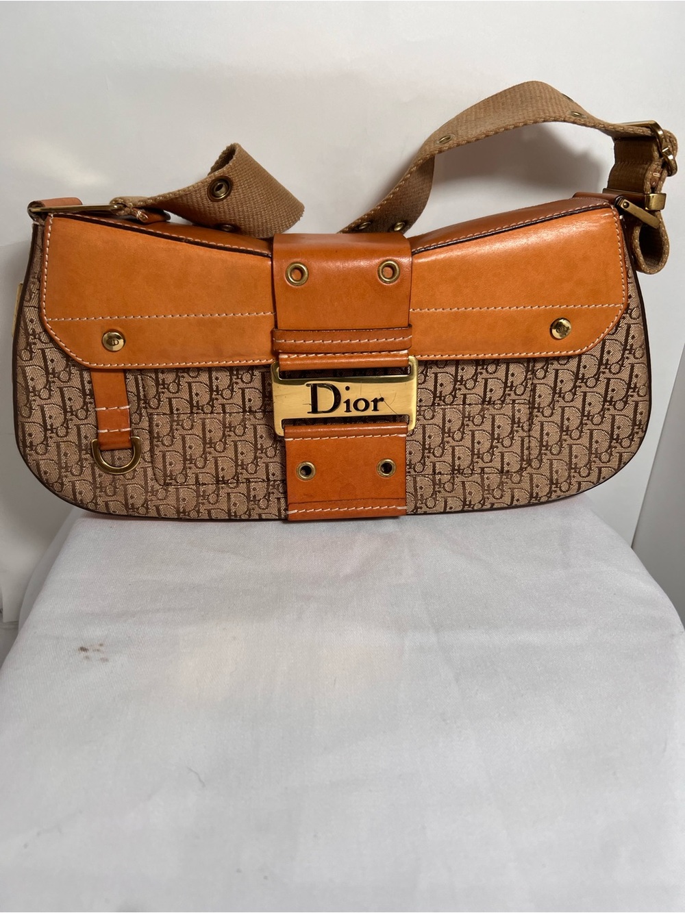 Dior Logo Canvas Shoulder Bag with Tan Leather Trim